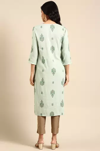 women's calf length round neck green floral straight kurta