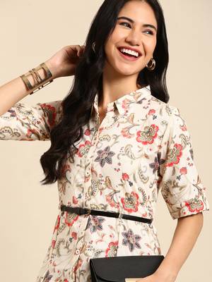 women's calf length shirt collar beige floral anarkali kurta 1