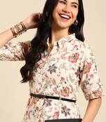 women's calf length shirt collar beige floral anarkali kurta