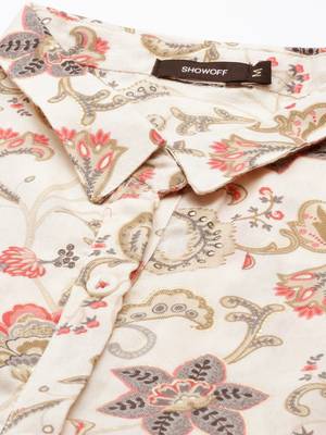 women's calf length shirt collar beige floral anarkali kurta 2