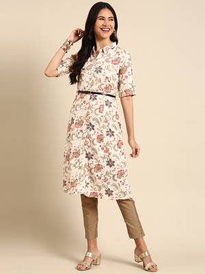 women's calf length shirt collar beige floral anarkali kurta 3