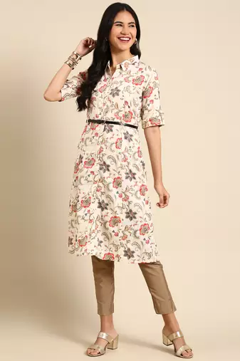 women's calf length shirt collar beige floral anarkali kurta