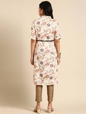 women's calf length shirt collar beige floral anarkali kurta 4