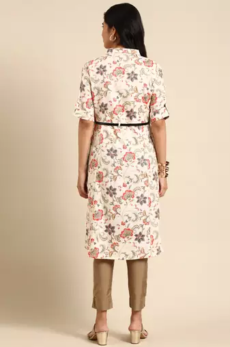 women's calf length shirt collar beige floral anarkali kurta
