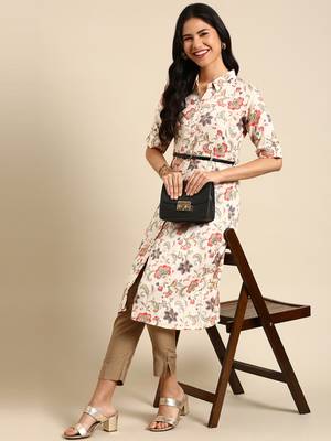 women's calf length shirt collar beige floral anarkali kurta 5