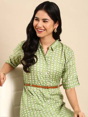 women's calf length shirt collar green floral anarkali kurta 2