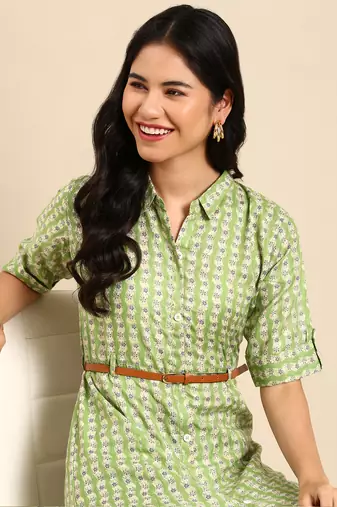 women's calf length shirt collar green floral anarkali kurta