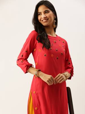 women's calf length round neck red striped straight kurta 1