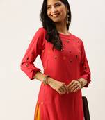 women's calf length round neck red striped straight kurta