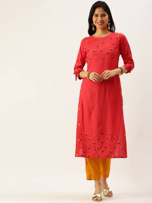 women's calf length round neck red striped straight kurta 2