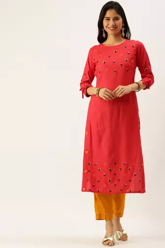 women's calf length round neck red striped straight kurta