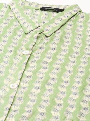 women's calf length shirt collar green floral anarkali kurta 3