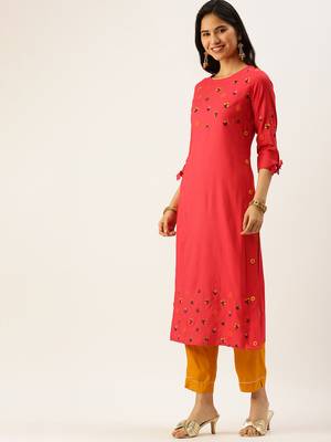 women's calf length round neck red striped straight kurta 3