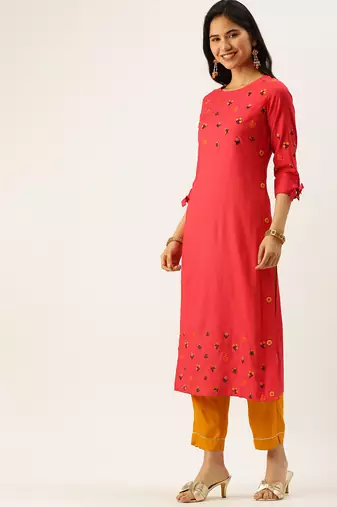 women's calf length round neck red striped straight kurta