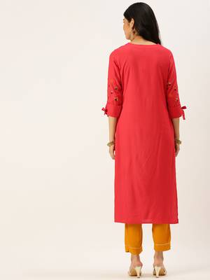 women's calf length round neck red striped straight kurta 4