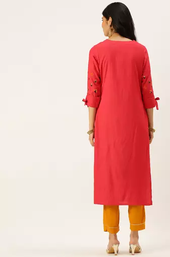 women's calf length round neck red striped straight kurta