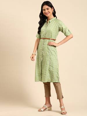 women's calf length shirt collar green floral anarkali kurta 1