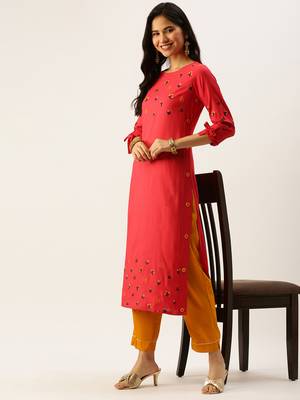 women's calf length round neck red striped straight kurta 5
