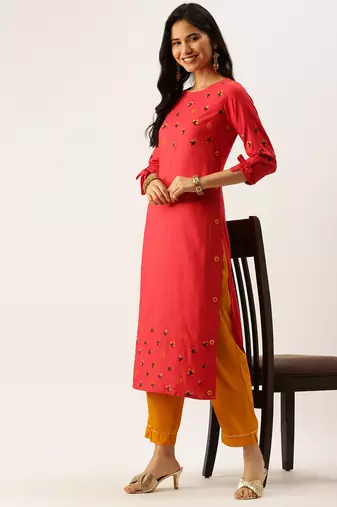 women's calf length round neck red striped straight kurta