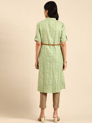 women's calf length shirt collar green floral anarkali kurta 5