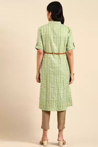 women's calf length shirt collar green floral anarkali kurta