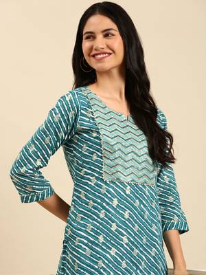 women's calf length round neck teal leheriya straight kurta 1