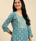 women's calf length round neck teal leheriya straight kurta