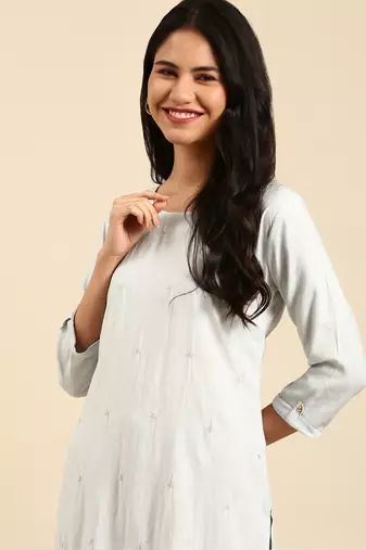 women's calf length round neck grey solid straight kurta