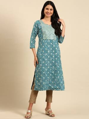 women's calf length round neck teal leheriya straight kurta 4