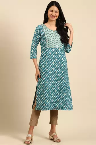 women's calf length round neck teal leheriya straight kurta