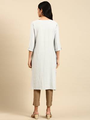 women's calf length round neck grey solid straight kurta 5