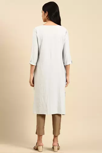 women's calf length round neck grey solid straight kurta