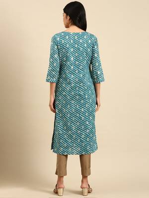 women's calf length round neck teal leheriya straight kurta 5