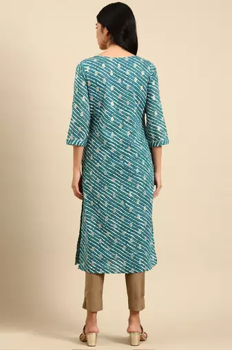 women's calf length round neck teal leheriya straight kurta