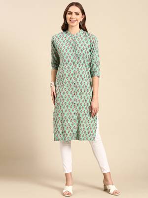 women's calf length mandarin collar sea green floral straight kurta 1