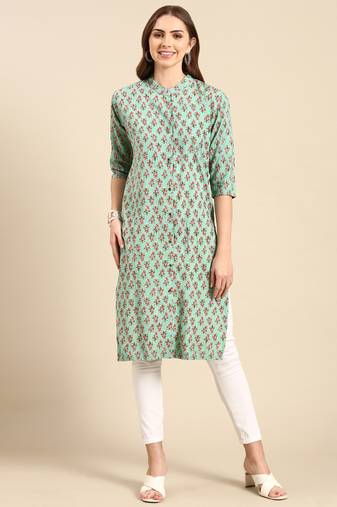 women's calf length mandarin collar sea green floral straight kurta