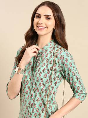 women's calf length mandarin collar sea green floral straight kurta 2