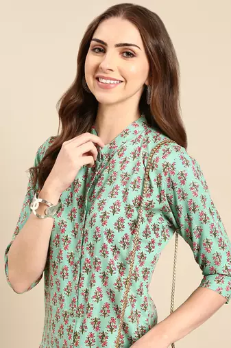 women's calf length mandarin collar sea green floral straight kurta