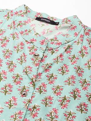 women's calf length mandarin collar sea green floral straight kurta 3