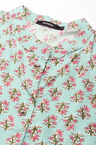 women's calf length mandarin collar sea green floral straight kurta