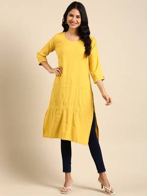 women's calf length round neck yellow solid straight kurta 1