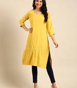 women's calf length round neck yellow solid straight kurta