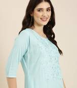 women's knee length round neck blue solid straight kurta
