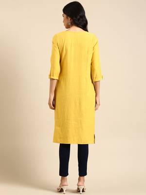women's calf length round neck yellow solid straight kurta 5