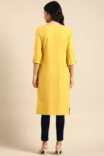 women's calf length round neck yellow solid straight kurta