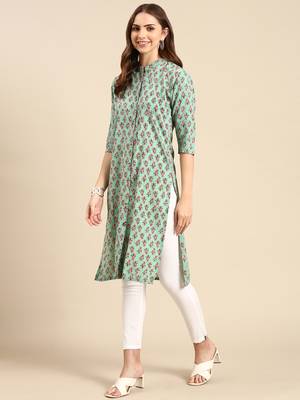 women's calf length mandarin collar sea green floral straight kurta 4