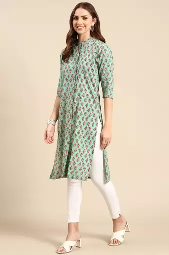 women's calf length mandarin collar sea green floral straight kurta