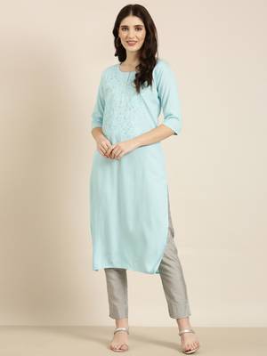 women's knee length round neck blue solid straight kurta 2