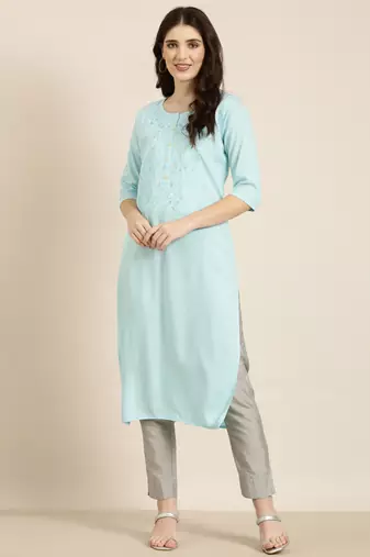 women's knee length round neck blue solid straight kurta