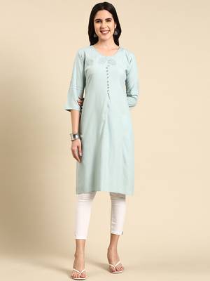 women's calf length scoop neck sea green solid straight kurta 1